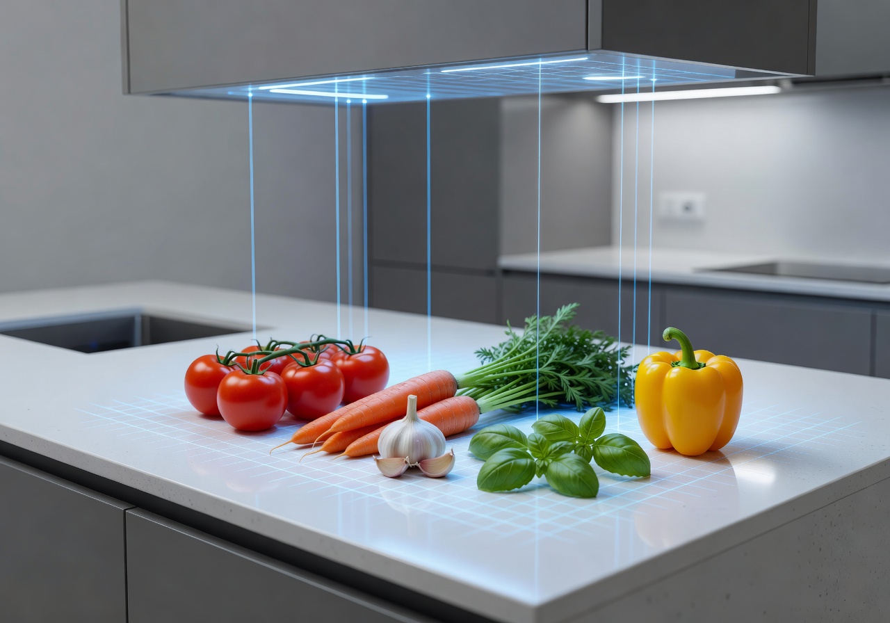 Fresh ingredients laid out in a modern kitchen being scanned by an AI system