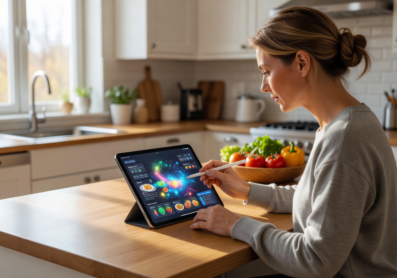 Person using a tablet in a well lit kitchen to plan their meals with AI